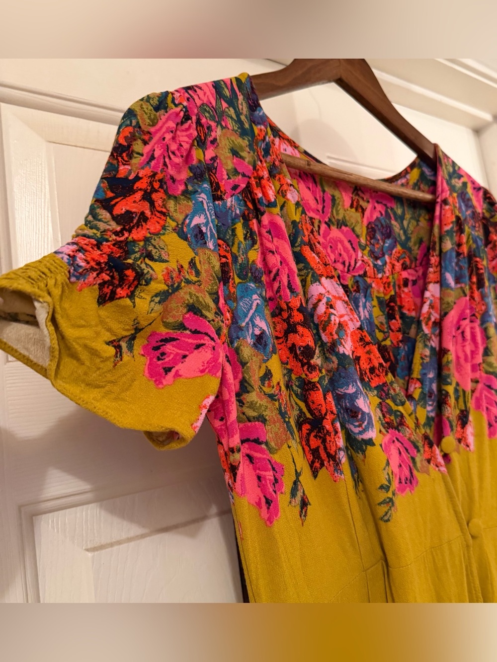 Free People Yellow Floral Midi Wrap Dress Size XS/XXS Boho V-Neck Button Front